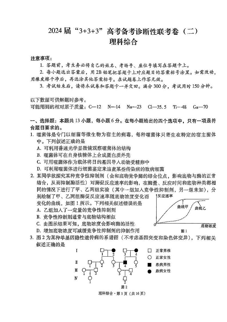 2024届云南省高三下学期3+3+3高考备考诊断性联考(二)理综试题01