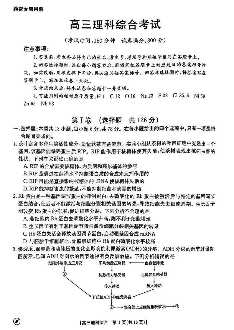 2024届高三河南4月联考 理综试卷第1页