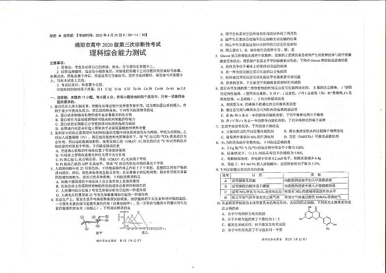 四川省绵阳市2023届高三下学期第三次诊断性考试(三模)理综试卷 PDF版无答案第1页