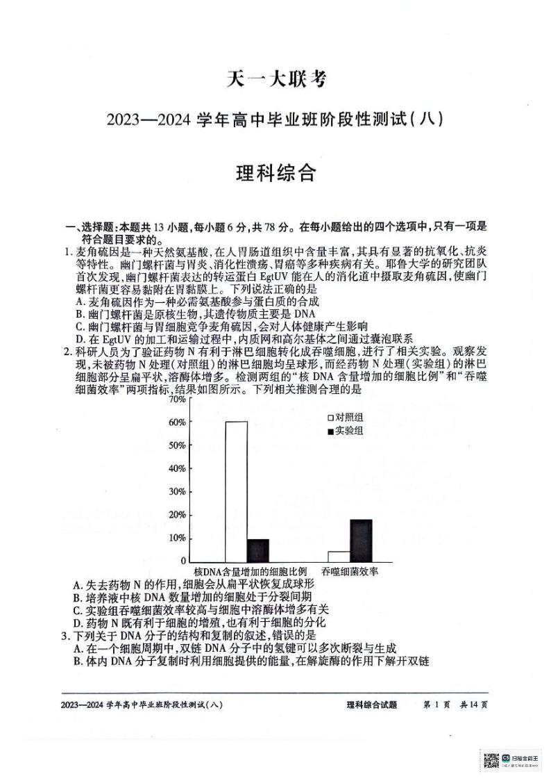 2024届河南省高中毕业班阶段性测试（八）理综试卷01