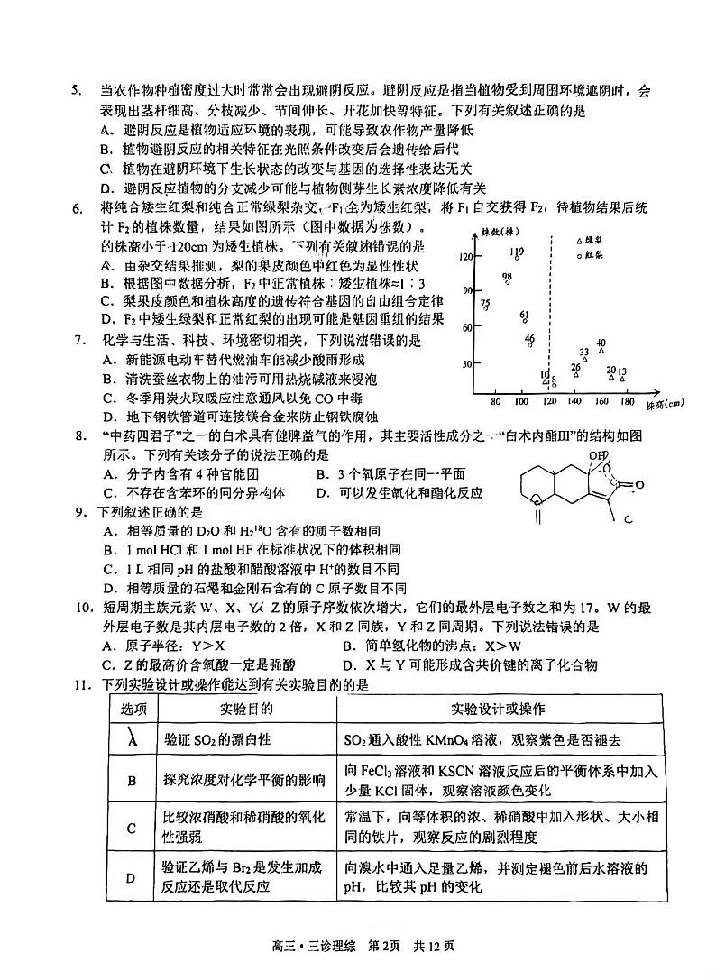 2024届四川省泸州市高三第三次教学质量诊断性考试理综试卷02