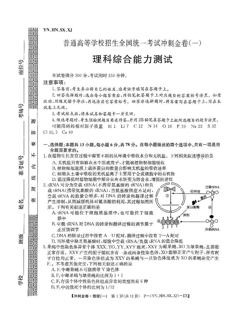 2024许昌部分学校高三下学期高考冲刺(一)理综PDF版含解析第1页