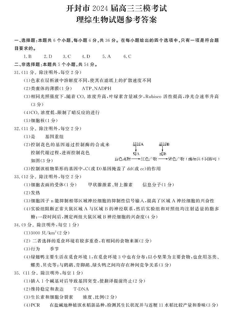开封市2024届高三年级下学期第三次质量检测理综三模试题01