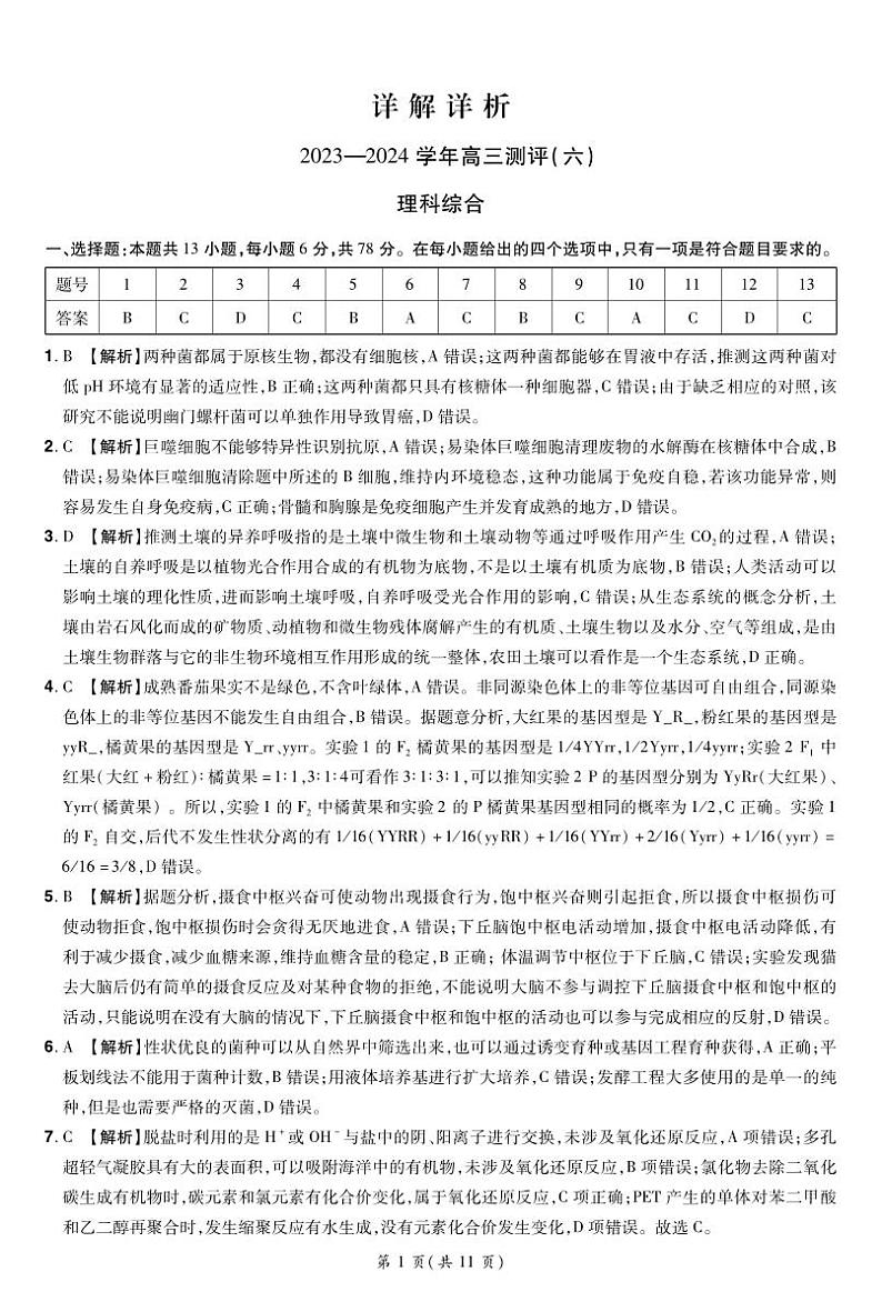 河南省普高联考2023-2024学年高三下学期测评(六)理科综合试卷01