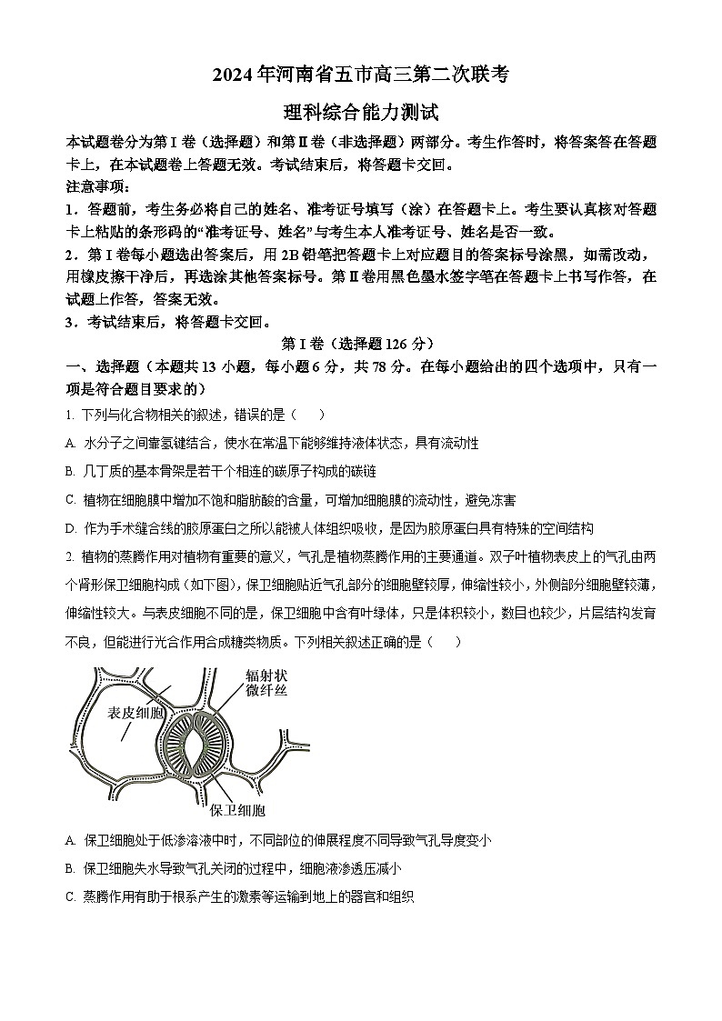 2024届河南省五市高三下学期二模理综试题-高中生物(原卷版+解析版)01