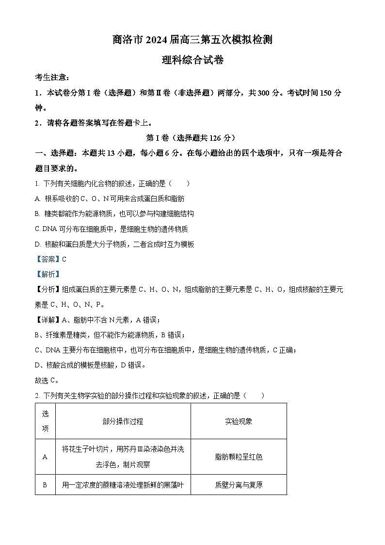 2024届陕西省商洛市高三下学期第五次模拟检测理综试题-高中生物(解析版)第1页