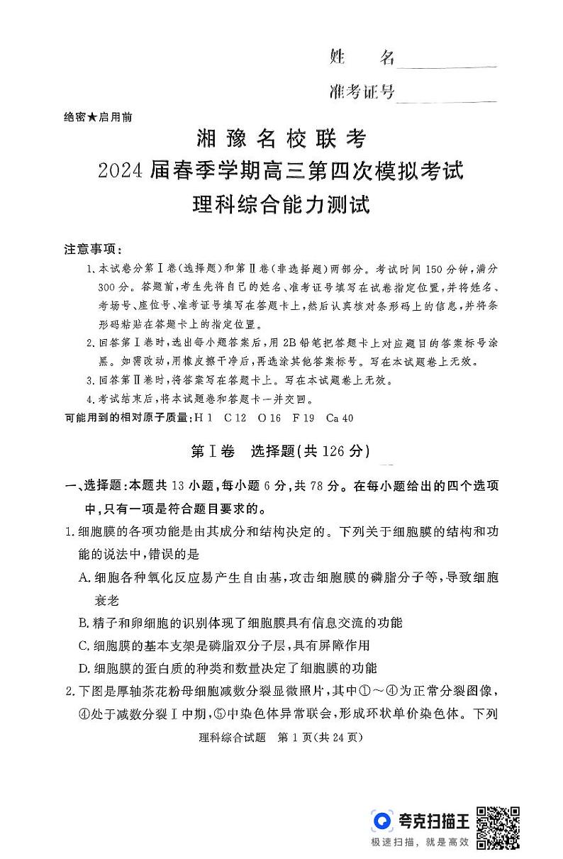 湘豫名校联考2024届高三下学期第四次模拟考试理综试卷(PDF版附解析)第1页