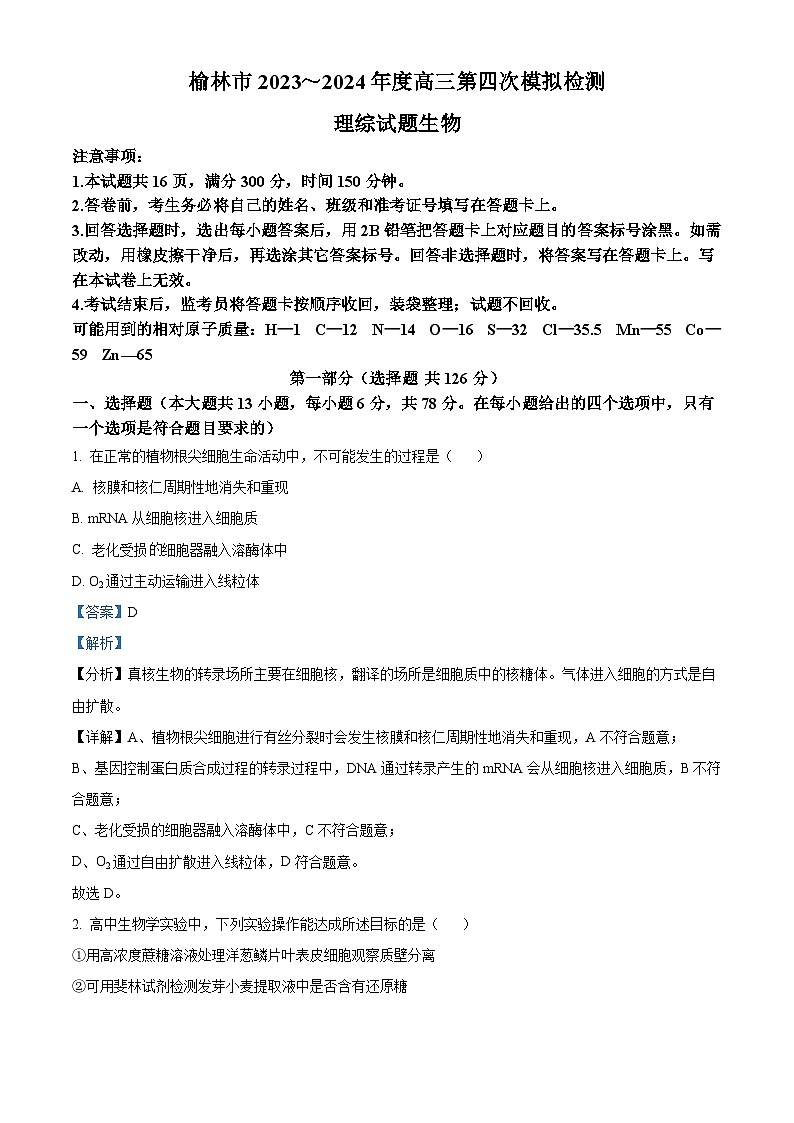 2024届陕西省榆林市高三第四次模拟理综试题-高中生物(解析版)第1页