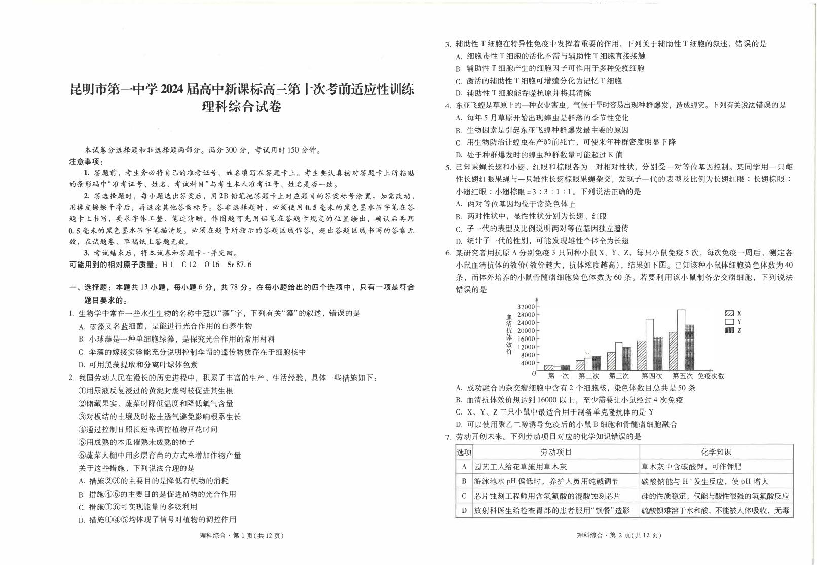 2024昆明一中高三下学期第十次月考试题理综PDF版含解析