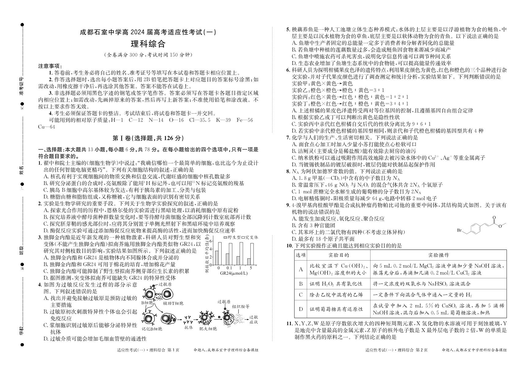 理综2024届四川省石室中学高三5月高考适应性考试（一）试题和答案