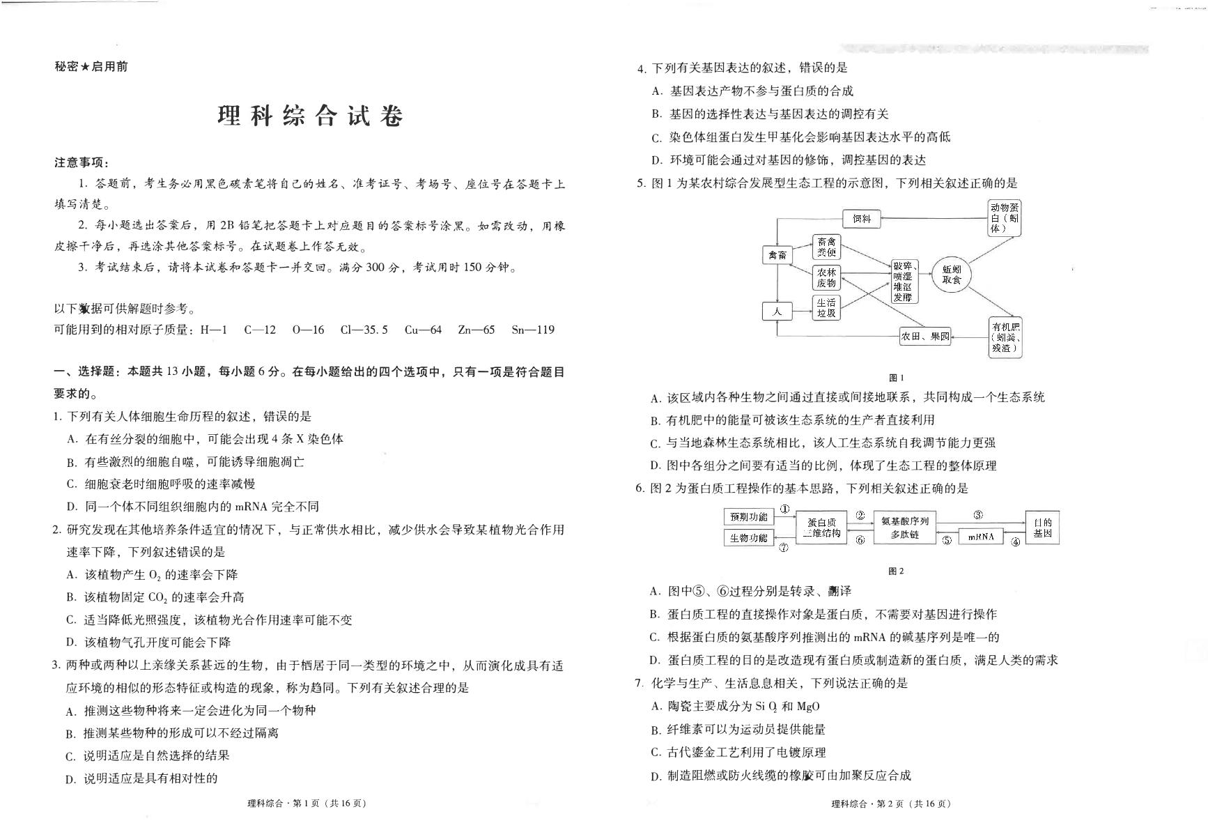 云师大附中高三下（月考七）-理综试卷附答案