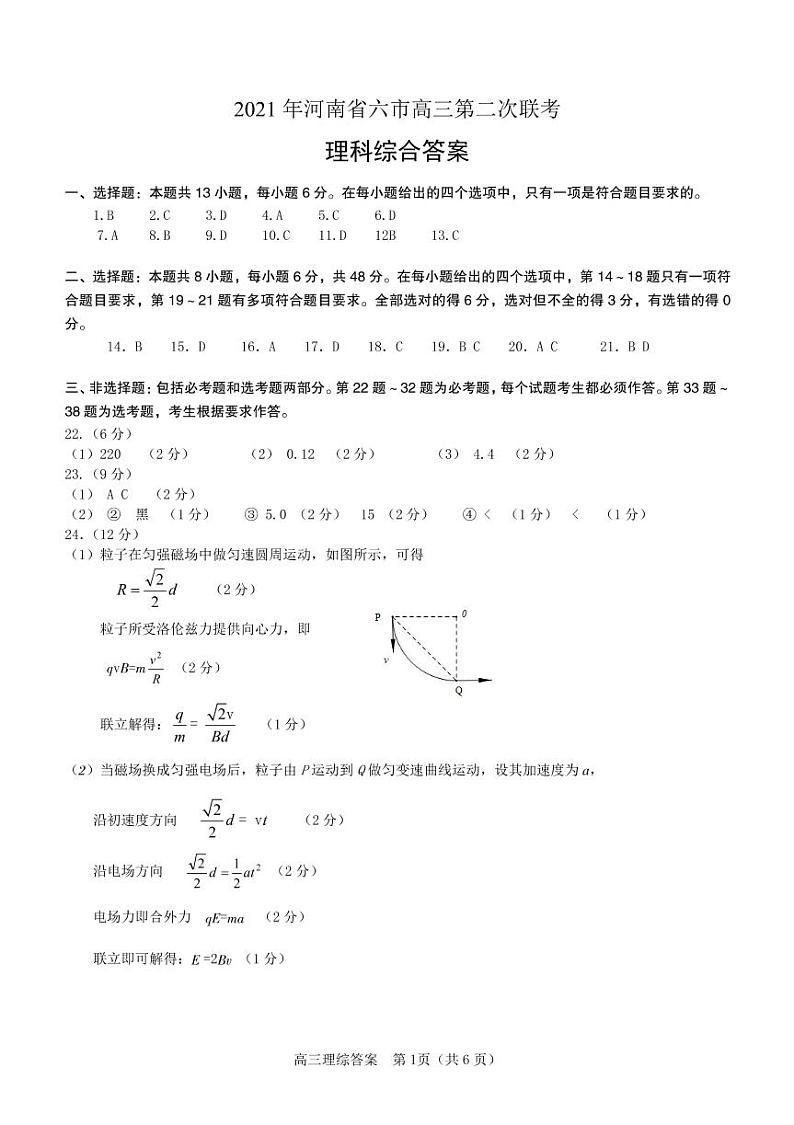 2021年河南省六市高三第二次联合调研检测 理科综合能力测试01