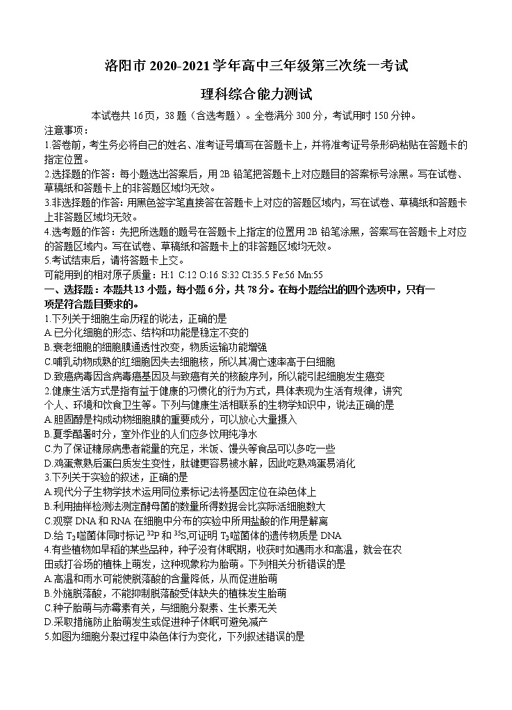 河南省洛阳市2021届高三下学期5月第三次统一考试(三练)理科综合(含答案)01