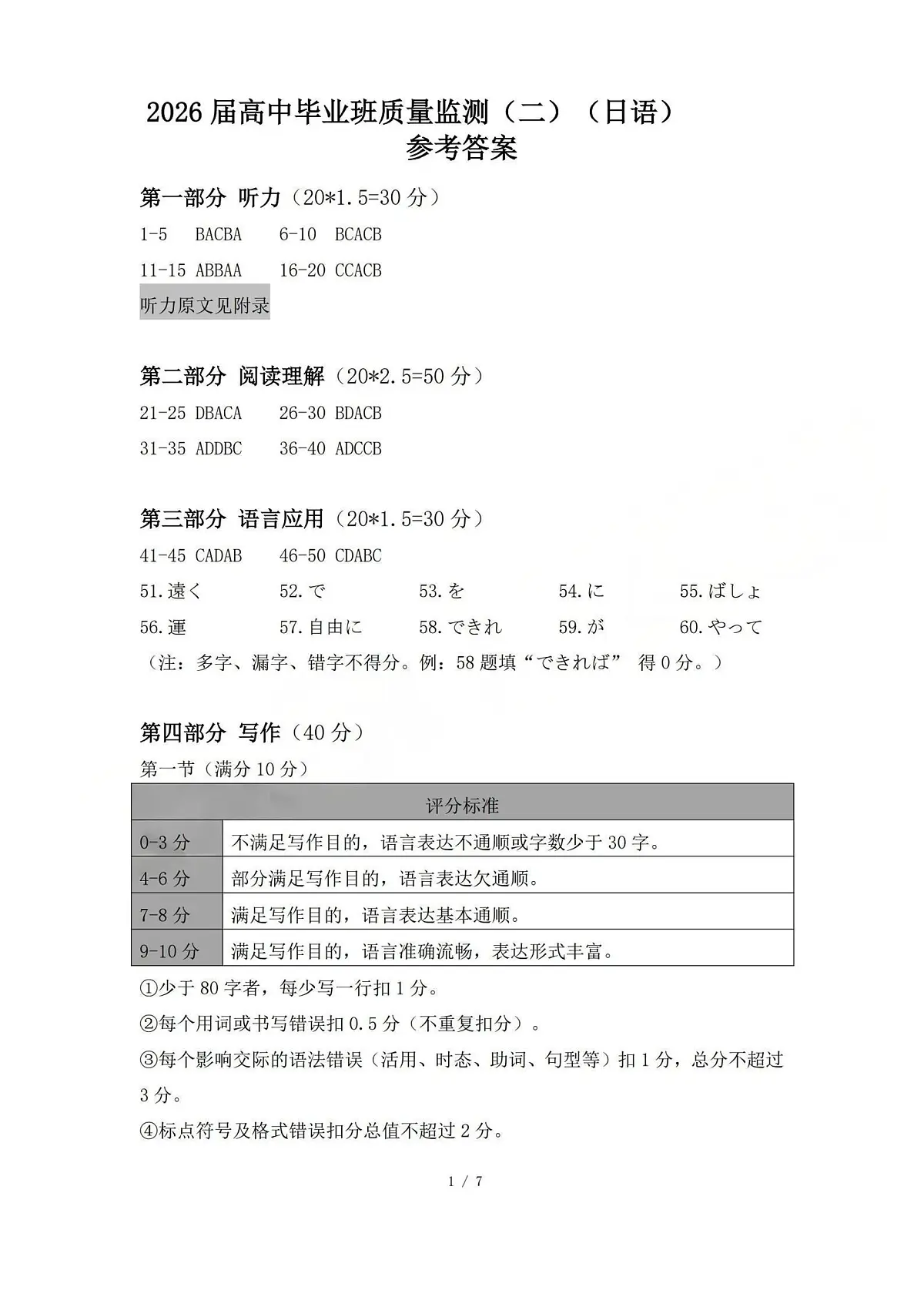 2025-2026学年第一学期高三年级10月学情检测日语答案第1页