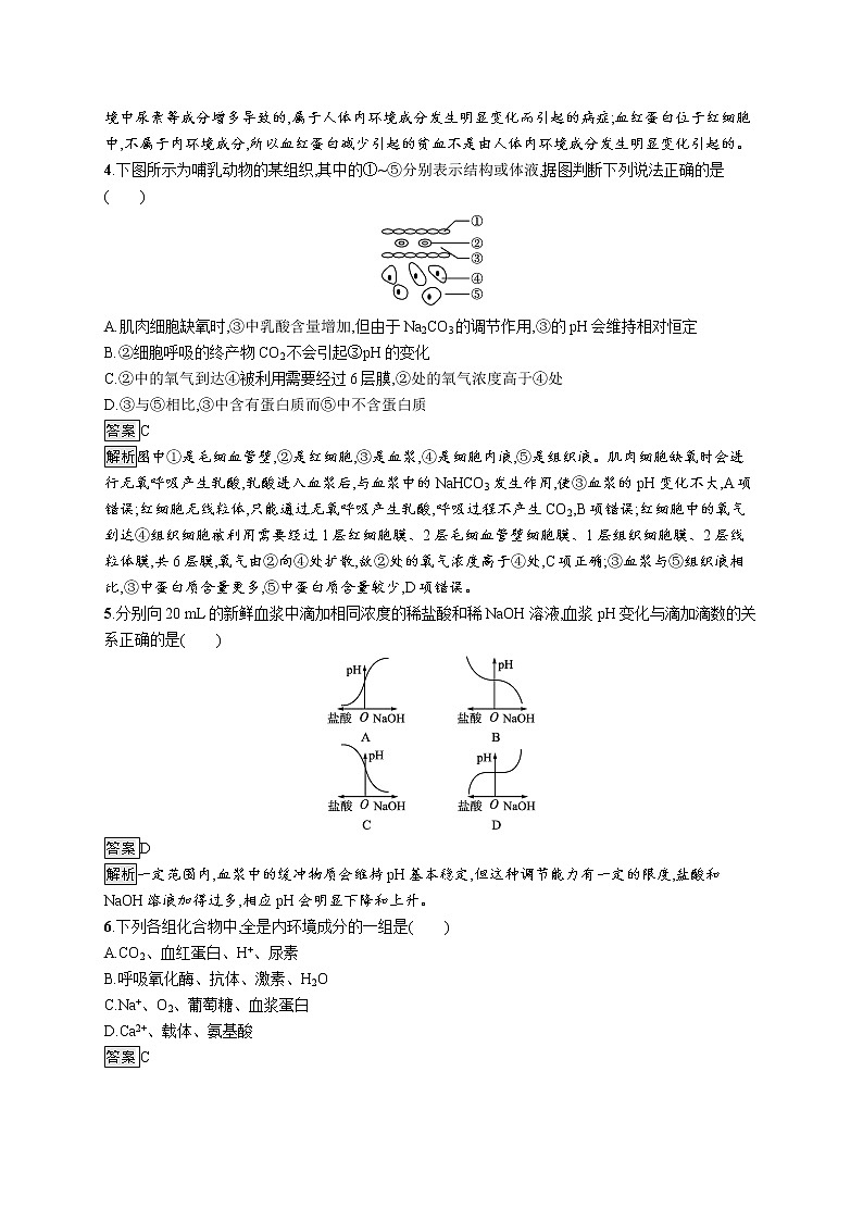 第一章第一节 人体细胞生活在内环境中 课后习题 —【新教材】浙科版(2019)高中生物选择性必修102