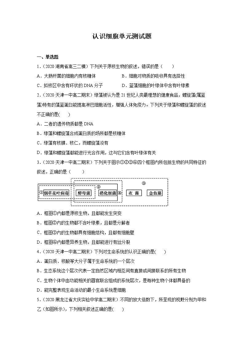 第01章 认识细胞 单元测试(原卷版)第1页