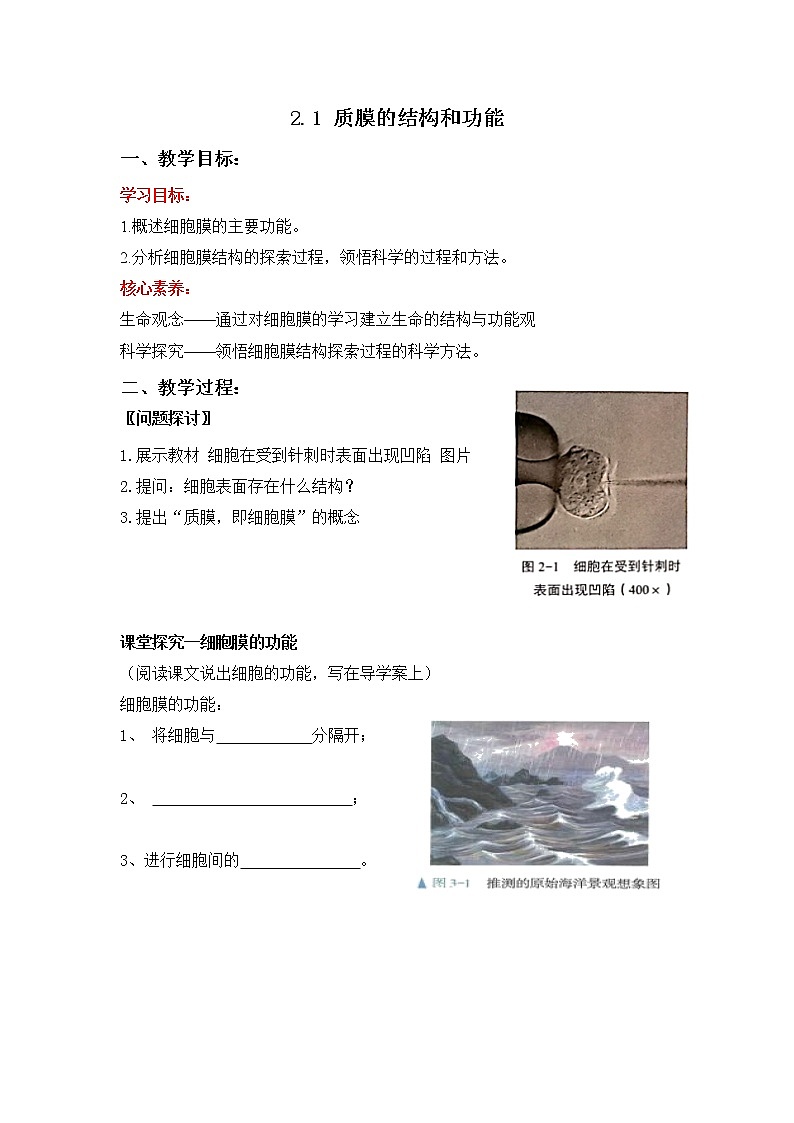 2.1.1 质膜的结构和功能--2021-2022学年新教材北师大版高中生物必修1课件+导学案+教学设计+练习01
