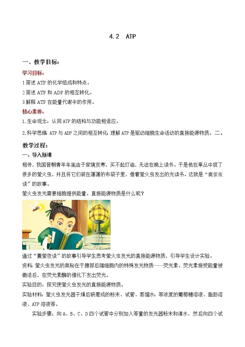 4.2 ATP--2021-2022学年新教材北师大版高中生物必修1课件+导学案+教学设计+练习01