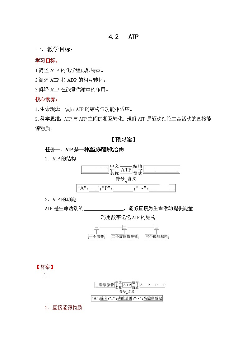 4.2 ATP--2021-2022学年新教材北师大版高中生物必修1课件+导学案+教学设计+练习01