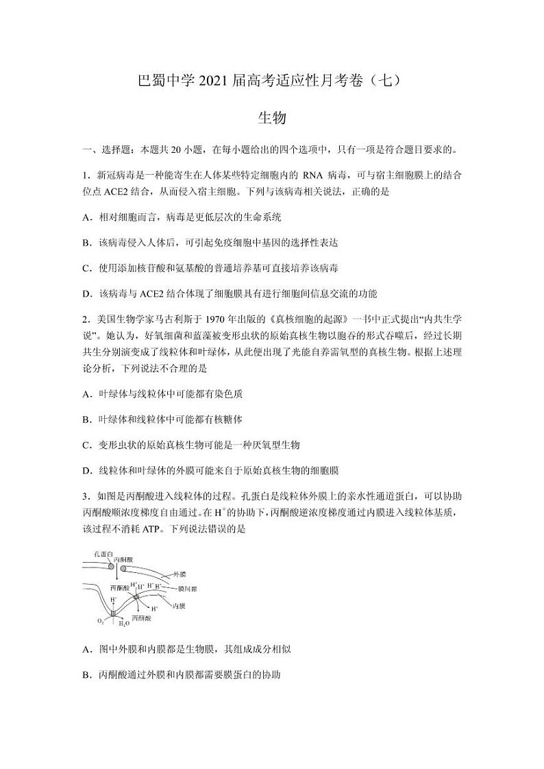 2021届重庆市巴蜀中学高三高考适应性月考卷(七)生物试题 PDF版第1页