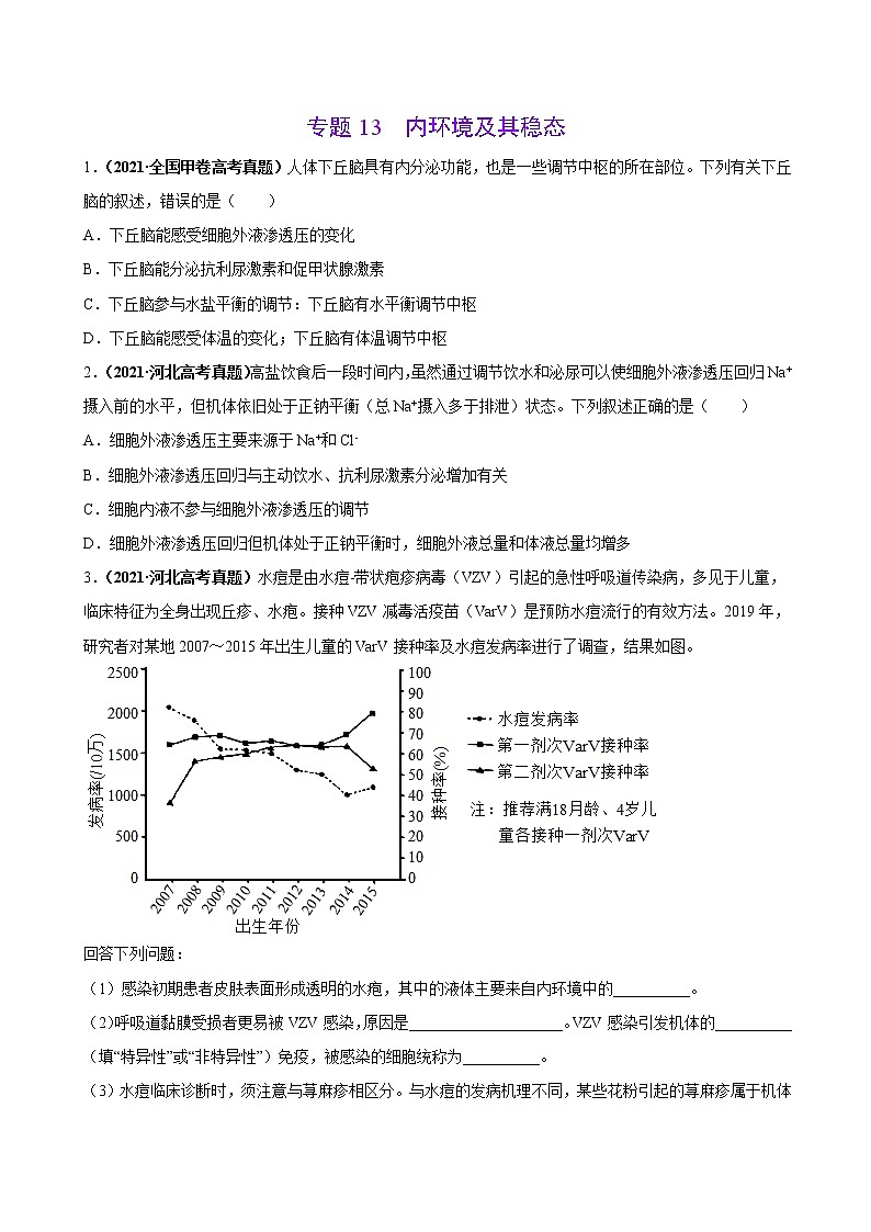 专题13内环境及其稳态-三年(2019-2021)高考生物真题分项汇编(原卷版)01