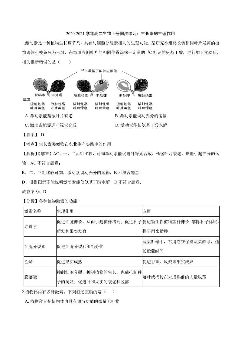 2020_2021学年高二生物上册生长素的生理作用同步练习pdf含解析01