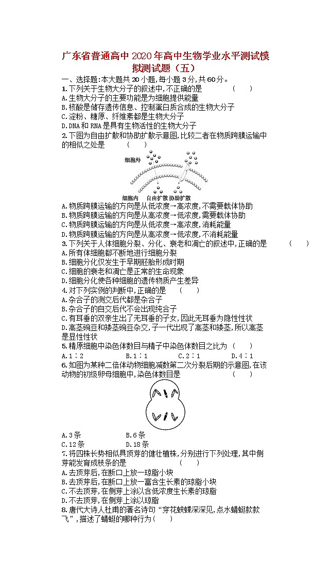 广东省普通高中2020年高中生物学业水平测试模拟测试题五01