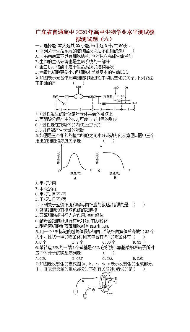 广东省普通高中2020年高中生物学业水平测试模拟测试题六01