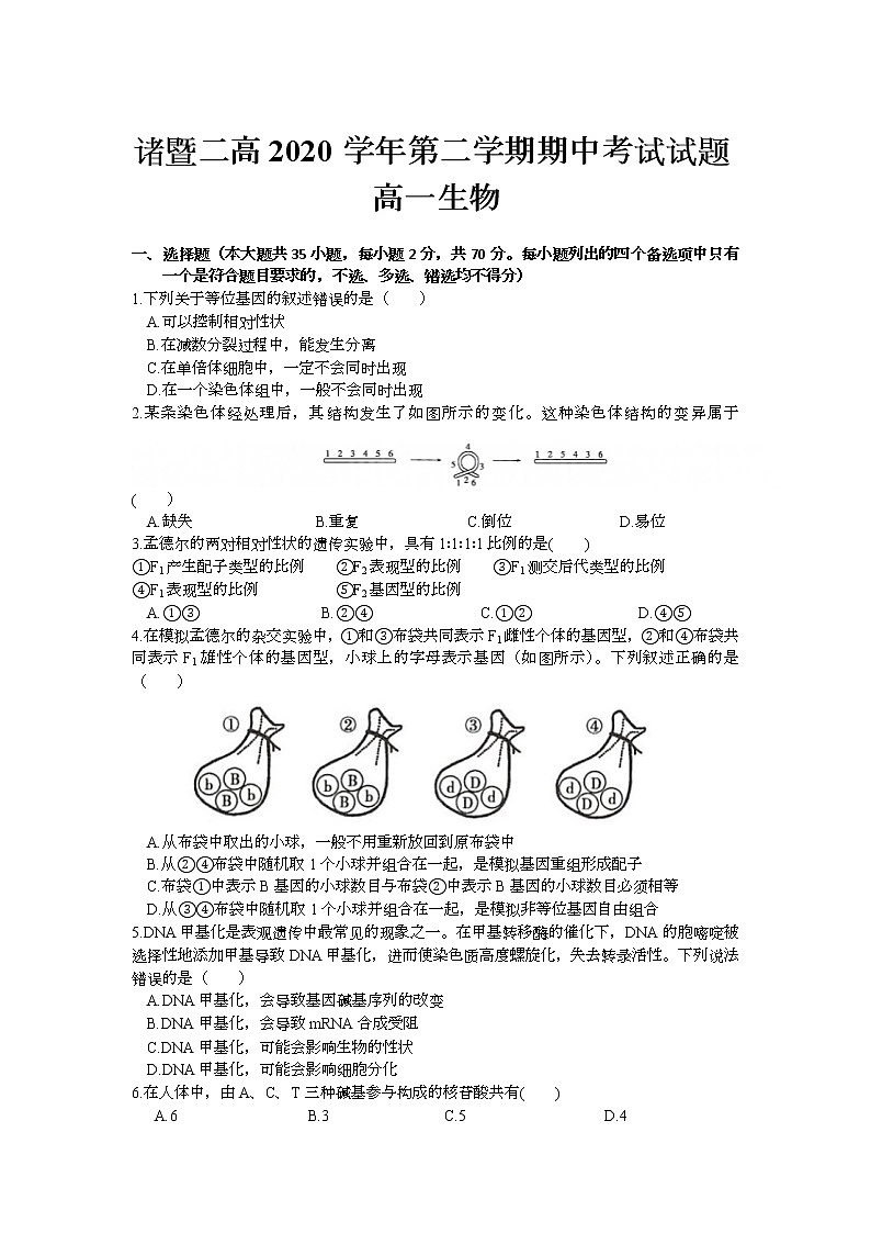 浙江省诸暨市第二高级中学2020-2021学年高一下学期期中考试生物试题+Word版含答案01