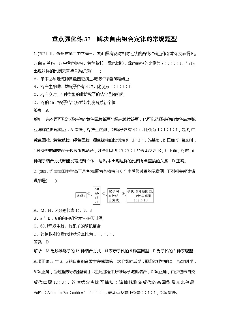 2022届高考生物一轮复习专题训练37 解决自由组合定律的常规题型 (解析版)第1页