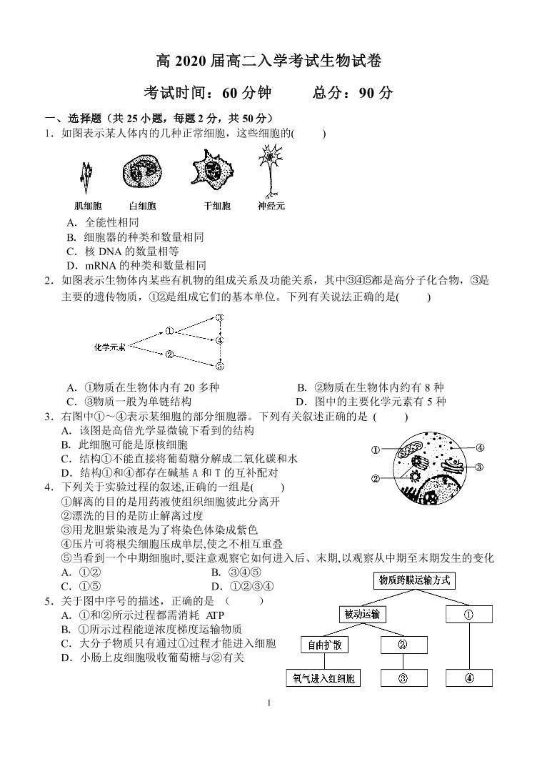 2018-2019学年四川省成都市第七中学高二上学期入学考试生物试题 PDF版01