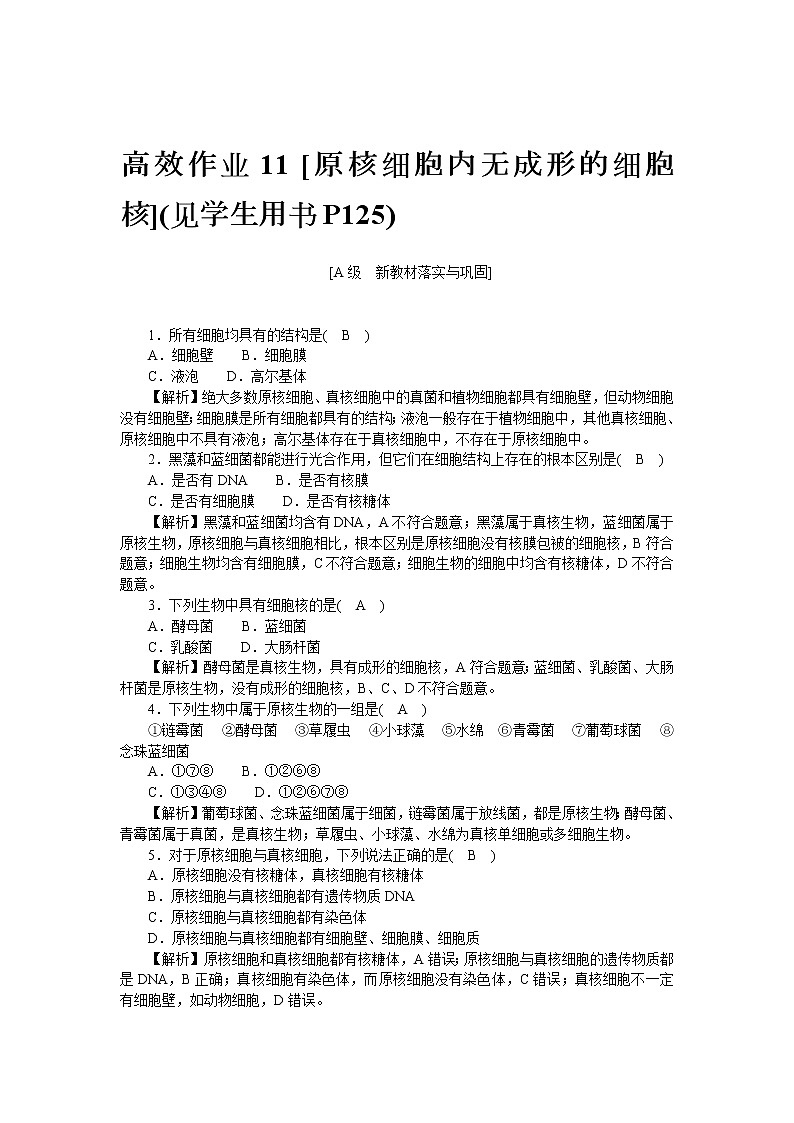 2021-2022学年高一生物浙科版必修第一册作业+11+原核细胞内无成形的细胞核+Word版含解析第1页