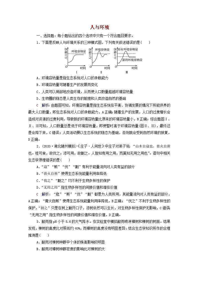 2022版高考生物一轮复习课时评价32人与环境含解析新人教版第1页