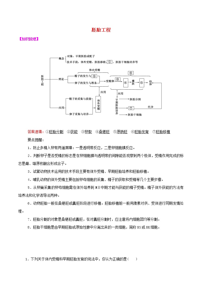 2021高二生物寒假作业同步练习题胚胎工程含解析