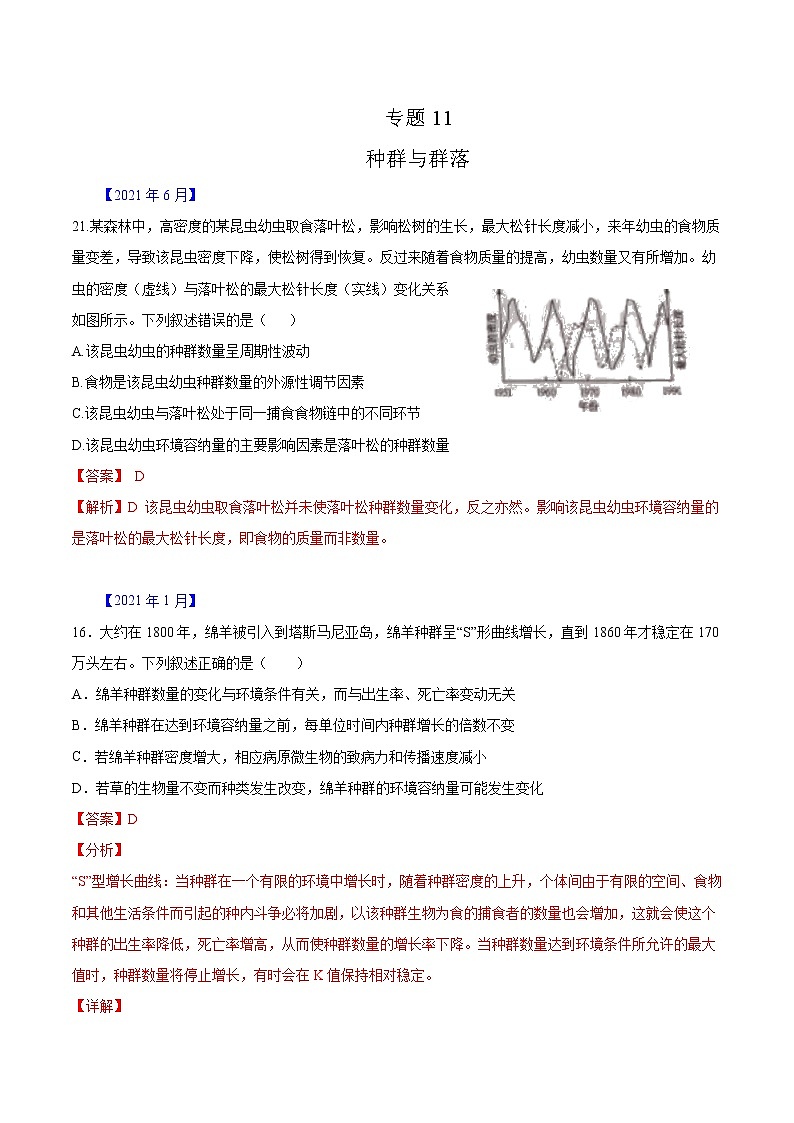 专题11 种群、群落和生态系统-五年(2017-2021)高考生物真题分项汇编(浙江专用)(解析版)第1页