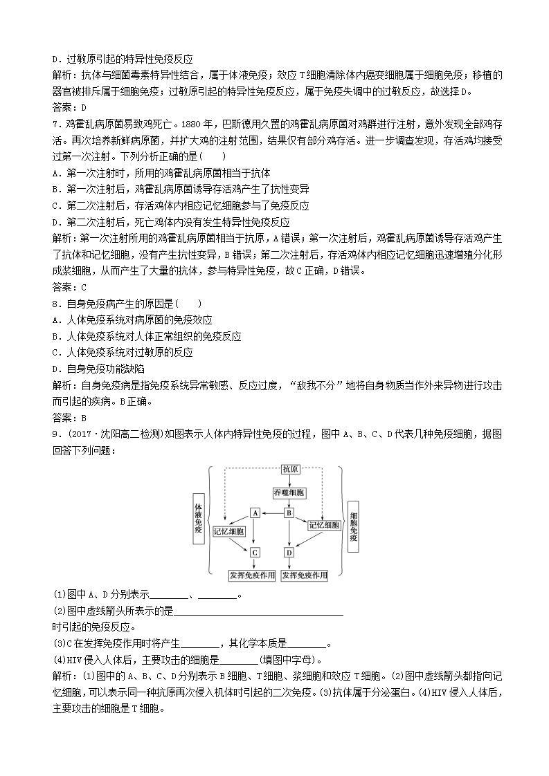 高中生物第二章动物和人体生命活动的调节第节免疫调节优化练习新人教版高二必修02