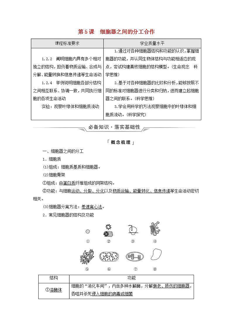 2022版高考生物一轮复习第2单元细胞的基本结构与物质运输第5课细胞器之间的分工合作学案新人教版第1页