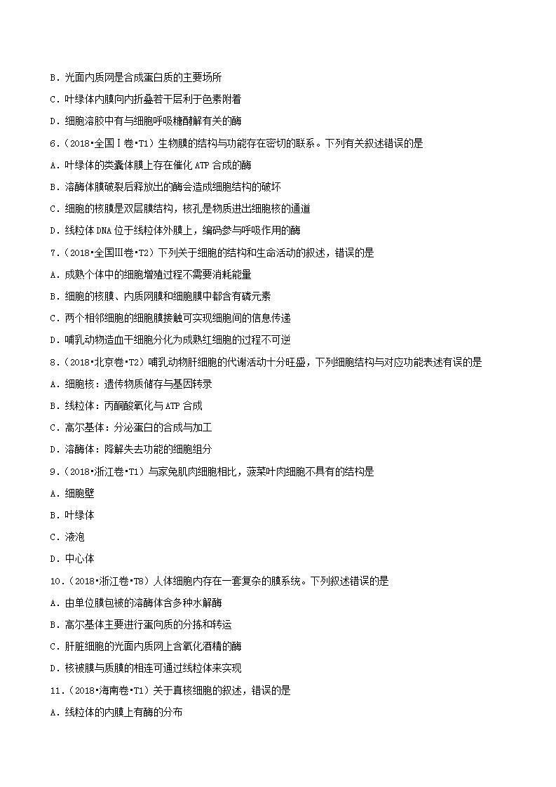 十年高考真题分类汇编(2010-2019) 生物 专题02 细胞的结构与功能 Word版无答案原卷版第2页