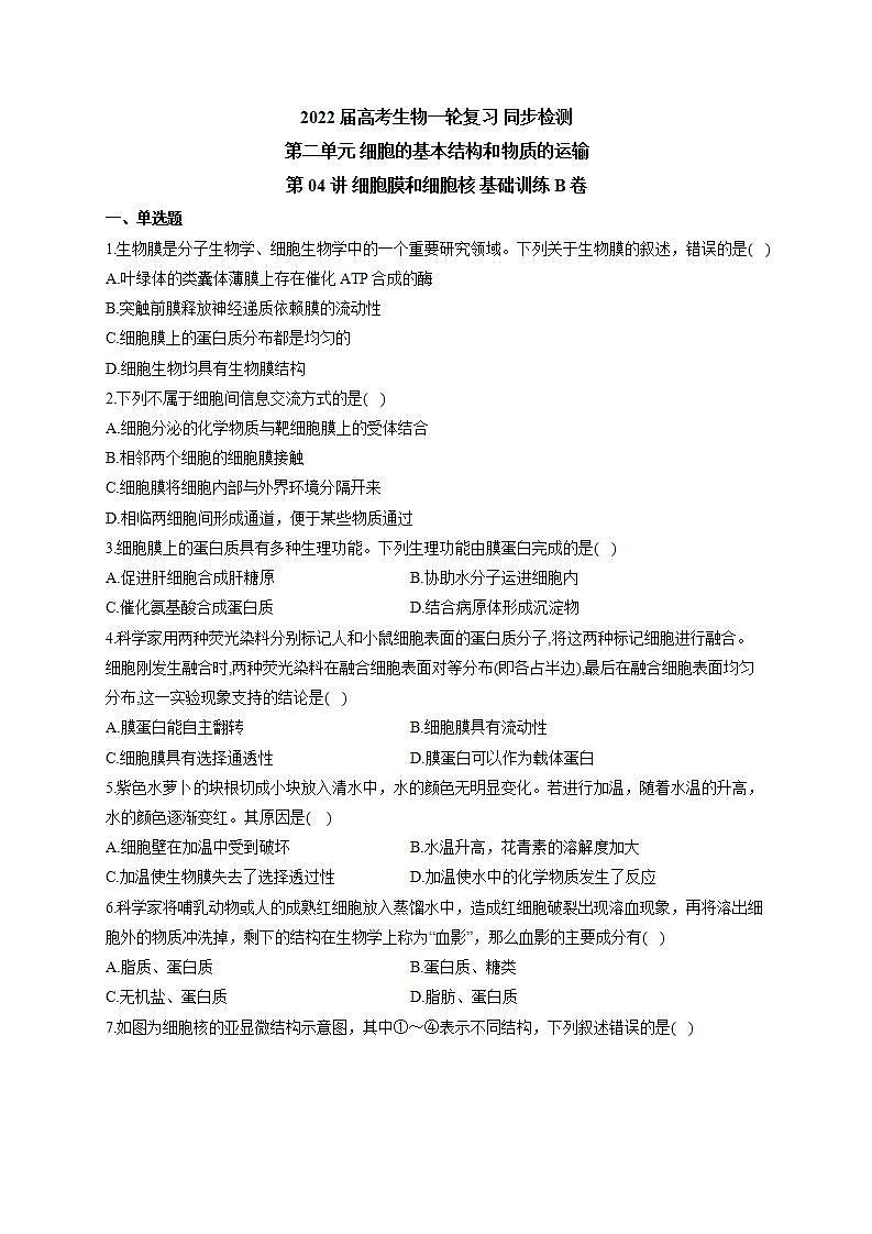 【新教材】2022届高考生物一轮复习同步检测:第二单元 细胞的基本结构和物质的运输 第04讲 细胞膜和细胞核 基础训练B卷01