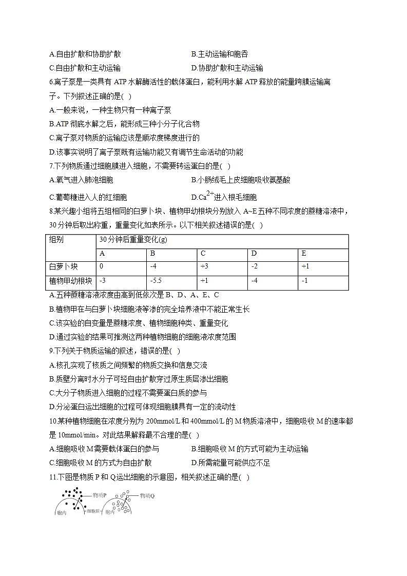 【新教材】2022届高考生物一轮复习同步检测:第二单元 细胞的基本结构和物质的运输 第06讲 细胞的物质输入和输出 能力提升A卷第2页
