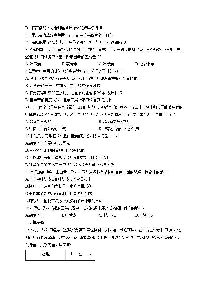 【新教材】2022届高考生物一轮复习同步检测:第三单元 细胞的能量供应和利用 第09讲 光合作用 第1课时 基础训练B卷第2页