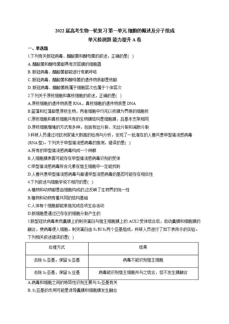 【新教材】2022届高考生物一轮复习同步检测:第一单元 细胞的概述及分子组成 单元检测题 能力提升A卷第1页