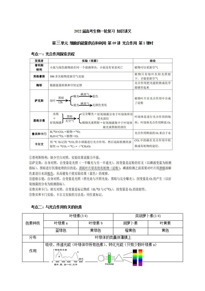 【新教材】2022届高考生物一轮复习讲义：第三单元 细胞的能量供应和利用 第09讲 光合作用 第1课时 教案