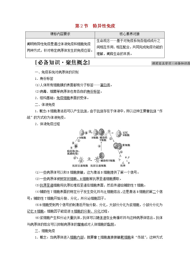高中生物第4章免疫调节第2节特异性免疫学案新人教版选择性必修101