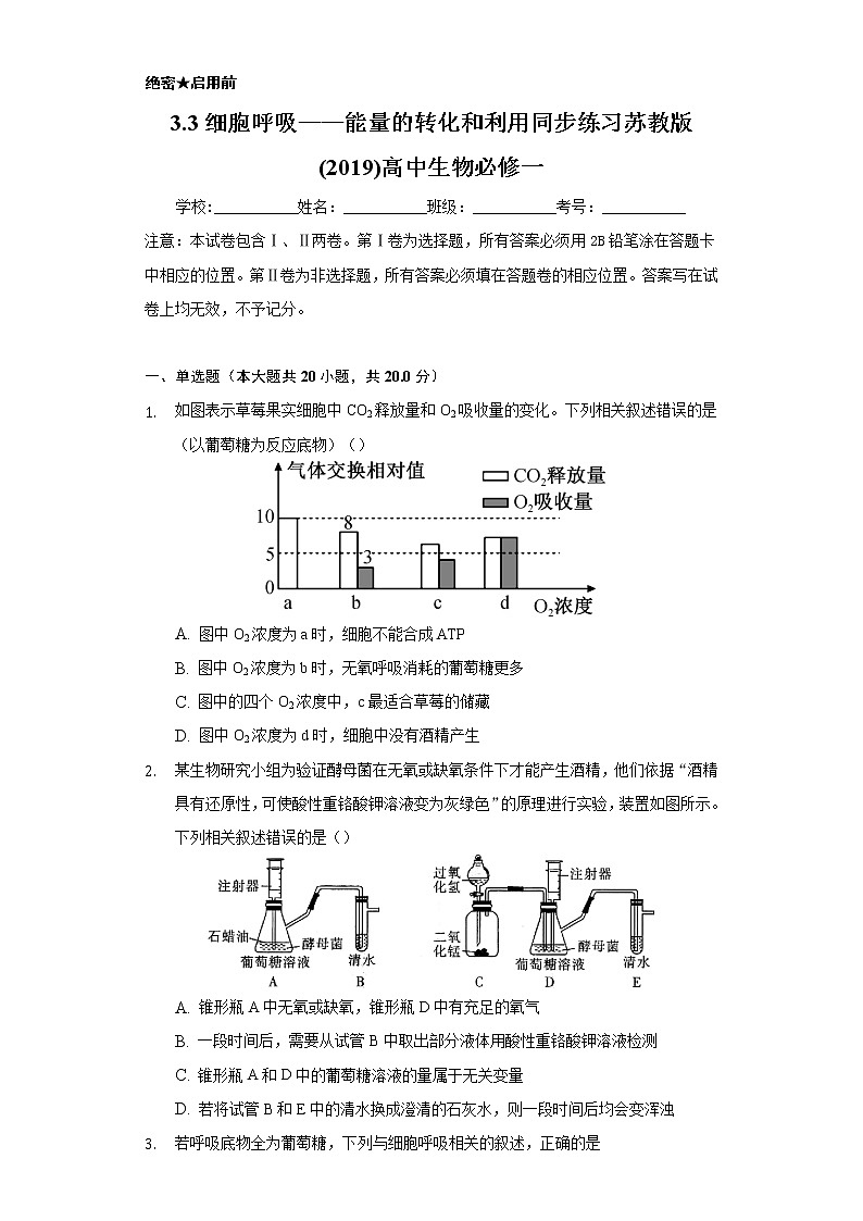 3.3细胞呼吸——能量的转化和利用 同步练习苏教版(2019)高中生物必修一01
