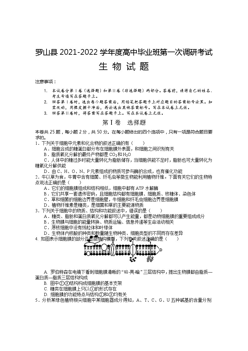 河南省信阳市罗山县2022届高三上学期10月第一次调研考试生物试题 含答案01