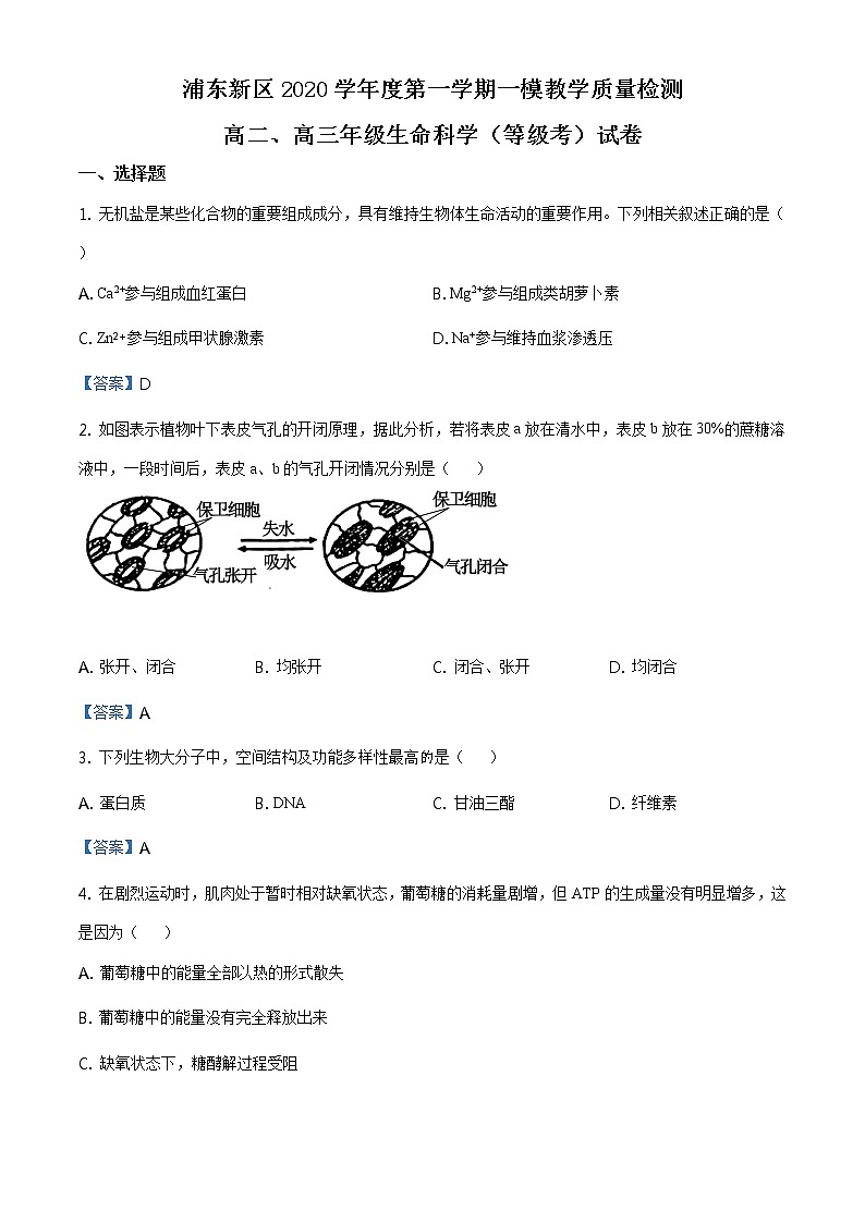 2021年上海市浦东高三一模生物试卷及答案第1页