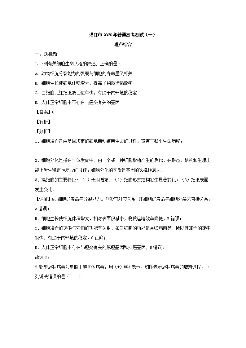 广东省湛江市2020届高三一模考试理综生物试题+Word版含解析01