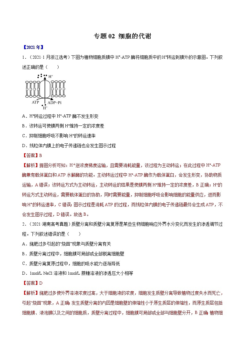 专题02 细胞的能量与代谢-十年(2012-2021)高考生物真题分项汇编(全国通用)(解析版)第1页