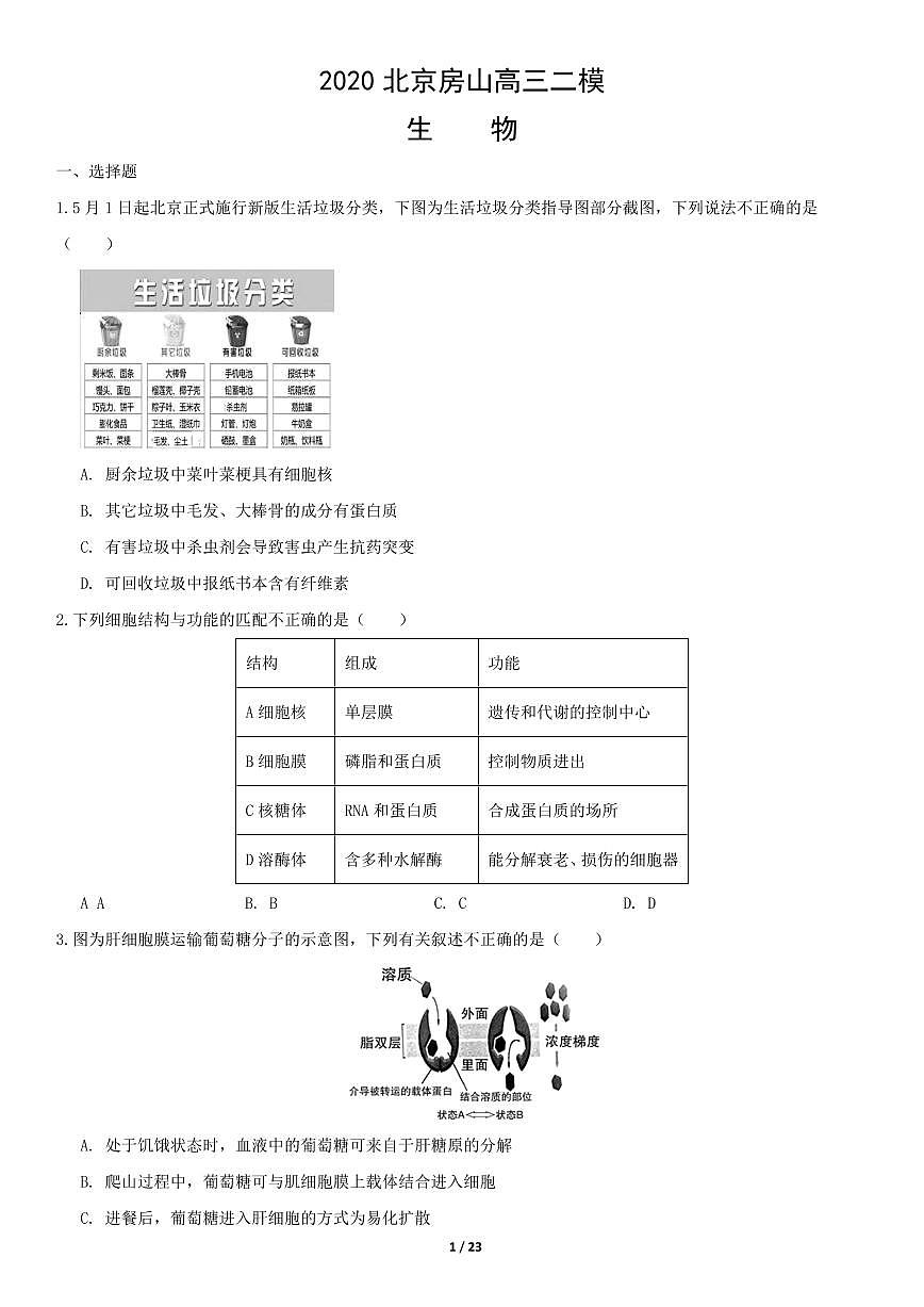 2020北京房山區(qū)高三二模生物試題及答案第1頁